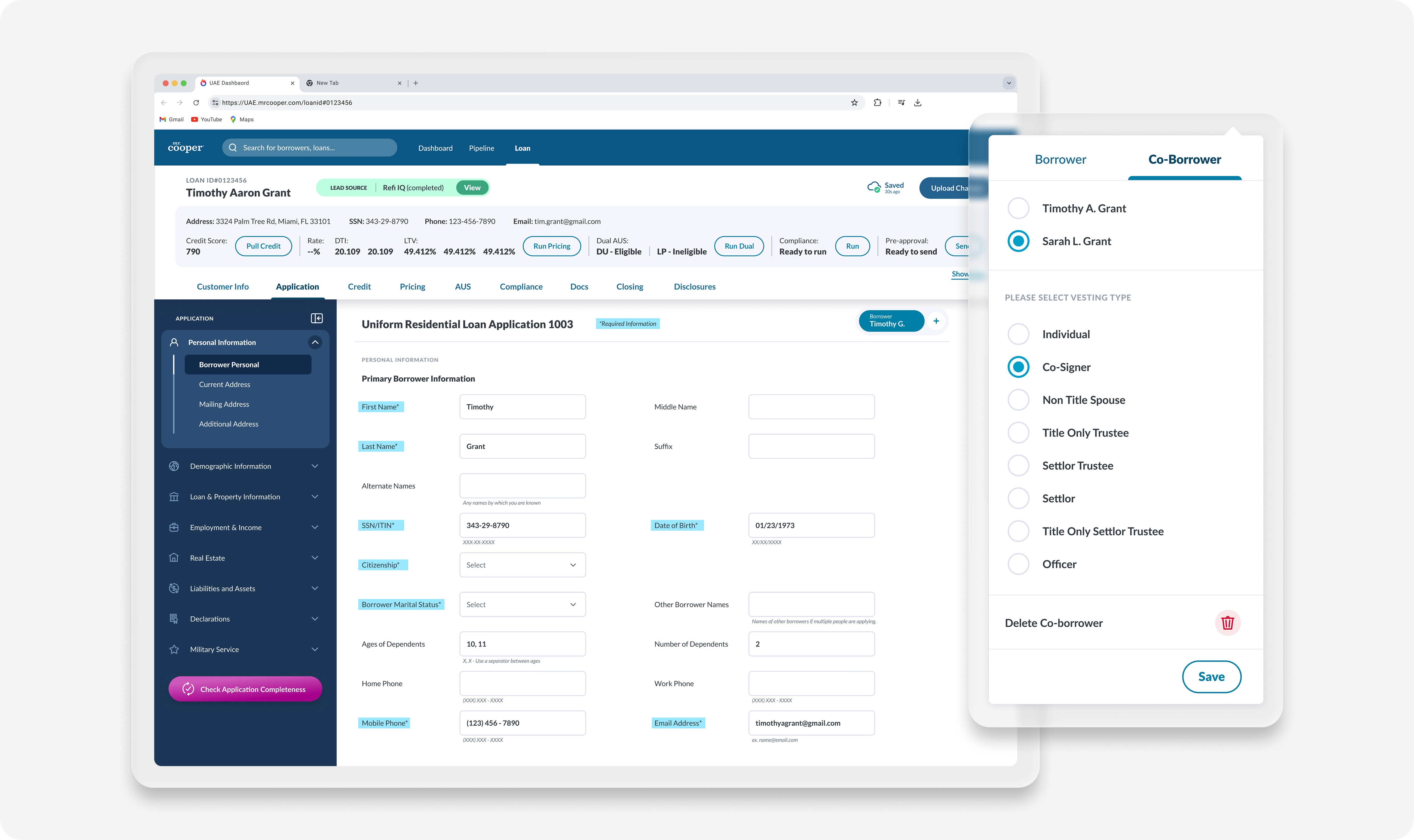 Digital 1003 mortgage application with co-borrower and vesting type panel