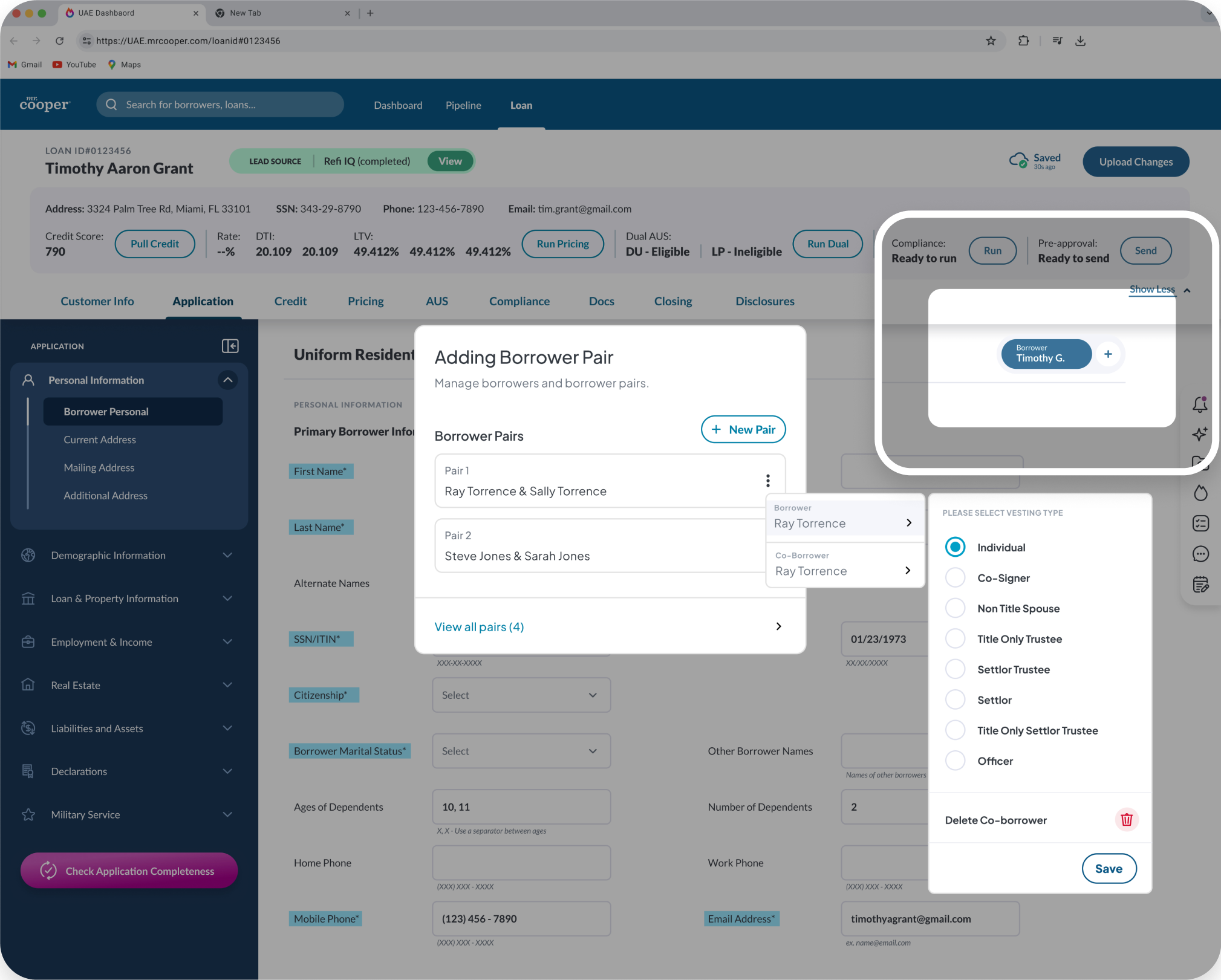Cooper dashboard with stacked Adding Borrower Pair modal, pair selection, and vesting type panel
