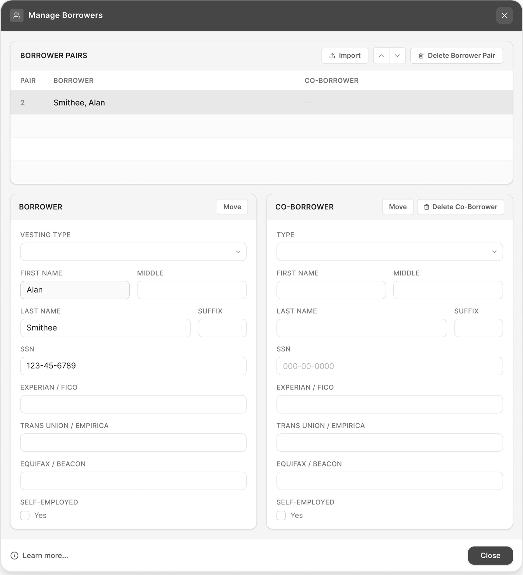 Manage Borrowers exploration with borrower pairs table and side-by-side borrower details