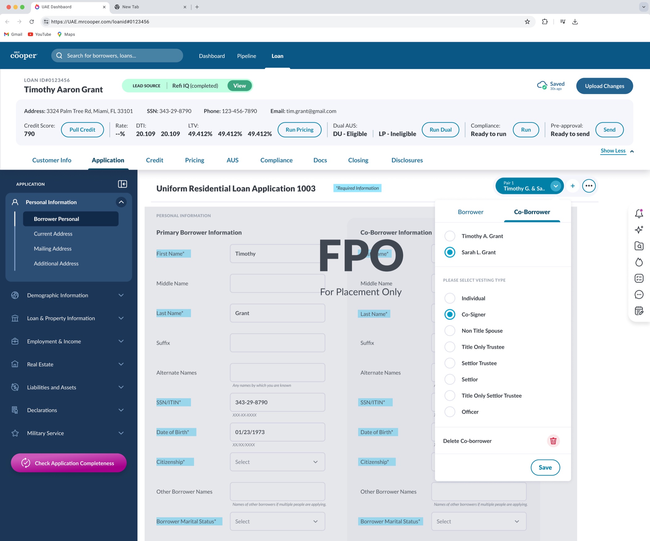 Digital 1003 application with co-borrower vesting type selection inside the form context