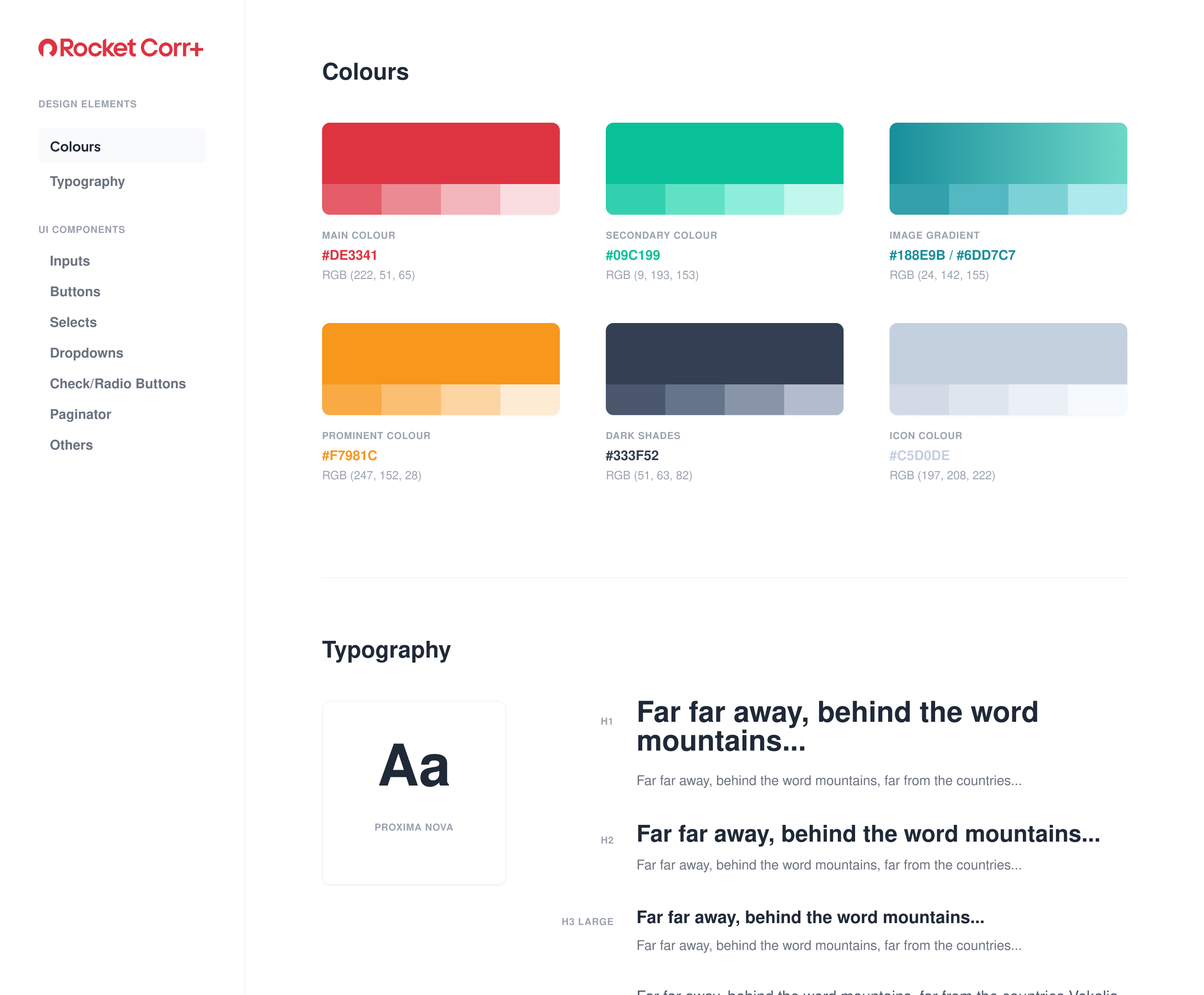 Rocket design system styleguide showing colours and typography